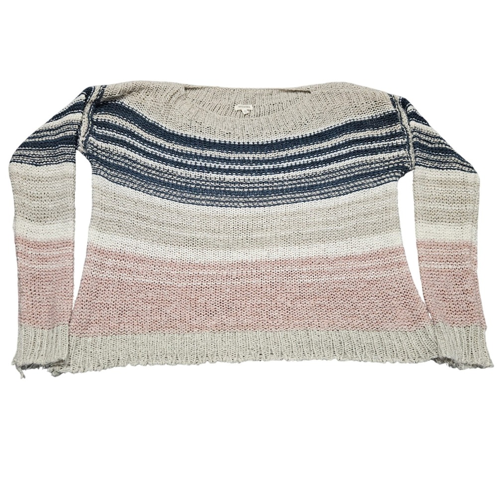 En Creme Sweater Small Open Knit Striped Distressed Grunge Boho Pullover